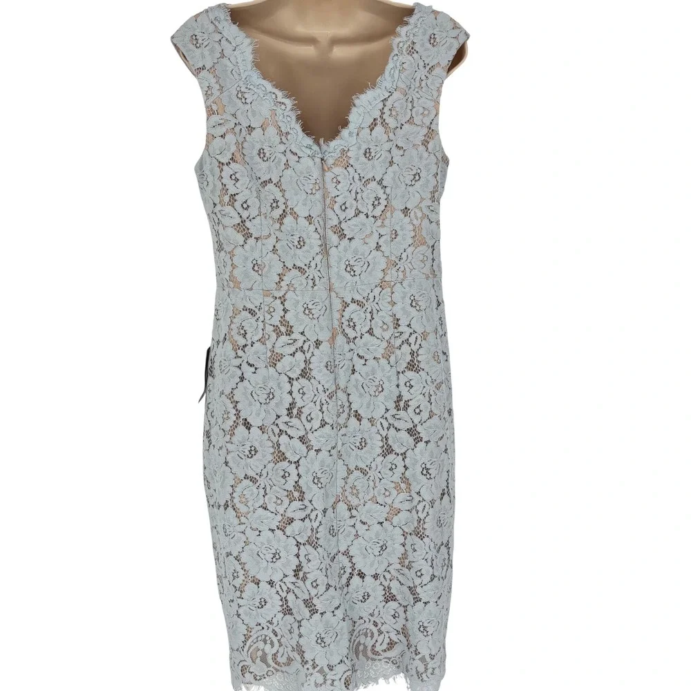 Eliza J Light Blue Floral Lace V-Neck Sheath Dress Eyelash Trim Petite 12P NEW